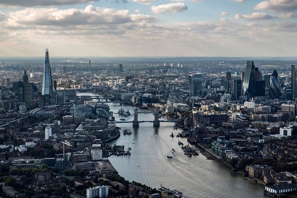 Aerial view of the Shard, Tower Bridge, Walkie Talkie, Gherkin and River Thames, London, UK