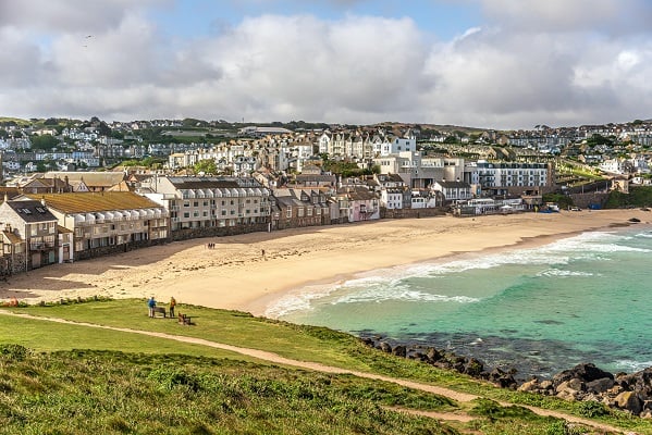 View of Porthmeor Beach seen from The Island Peninsula, Cornwall, England, UK